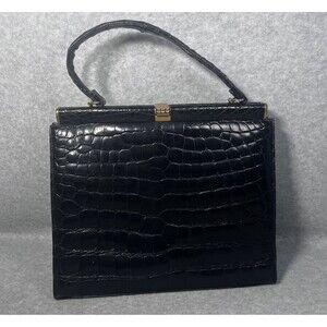 Vintage Crocodile Embossed Leather Top Handle Bag Womens Purse 60s Retro USA‎